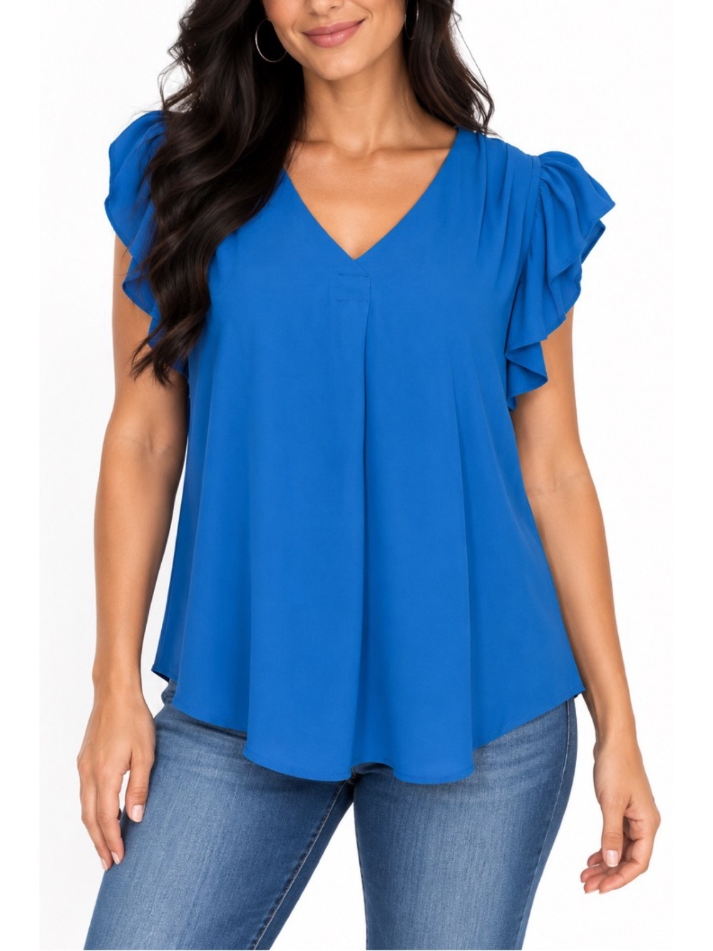 MINE cobalt blue blouse features a flattering V-neckline, flowy relaxed fit